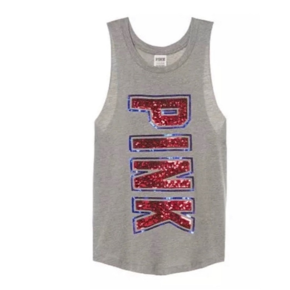 Victorias Secret PINK NWT Gray Sleeveless “USA” Sequin Muscle Tank XS - Picture 2 of 10
